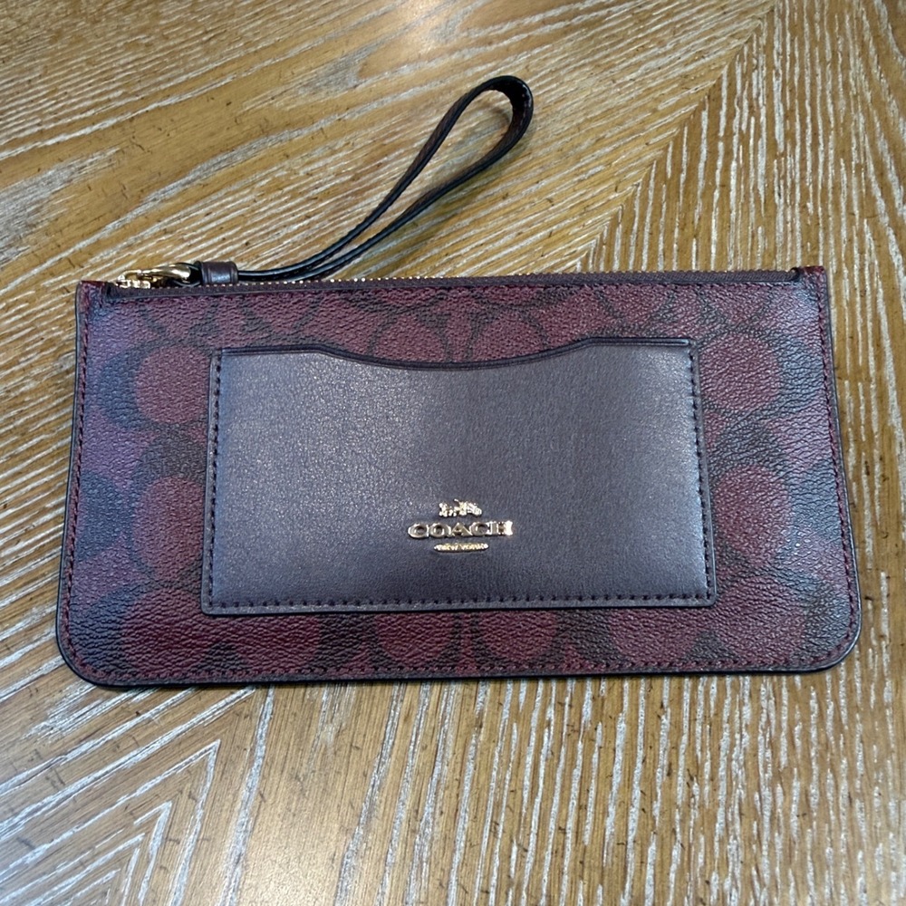 Coach Signature Slim Wristlet Card Case Burgundy Black Brown